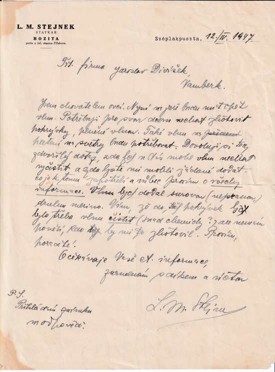 Účet statkář L. M. Stejnek, Széplakpuszta