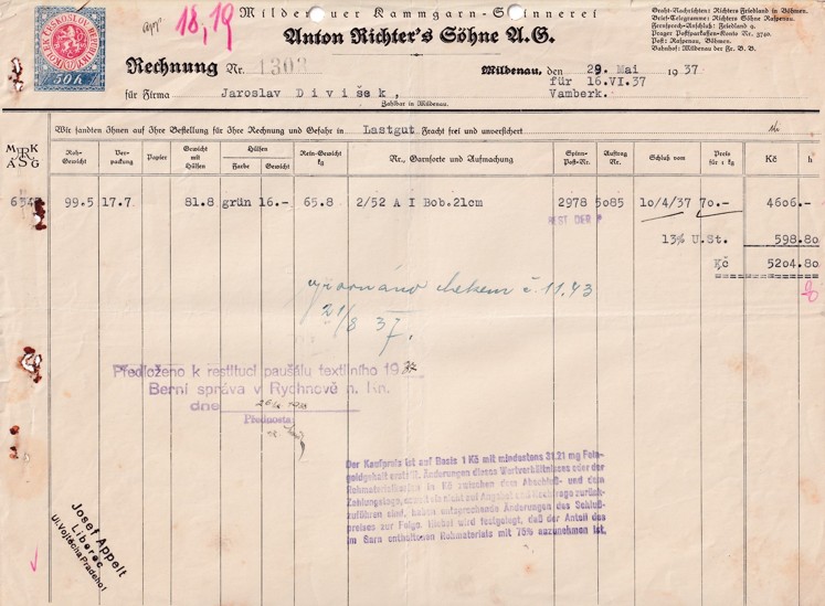 Účet textil Anton Richter Mildenau, Vamberk