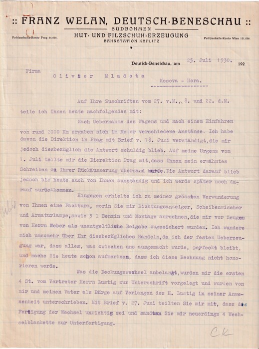 Účet klobouky Franz Welan, Benešov n/Černou