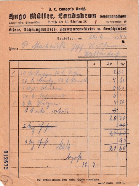 Účet stavebniny Hugo Müller, Lanškroun 1944