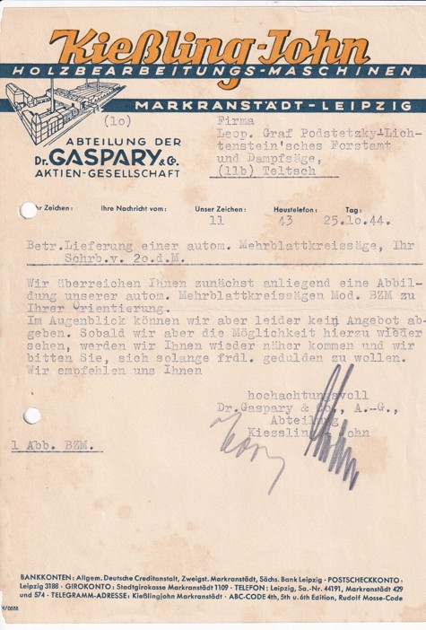 Účet dřevo Kiessling John Lipsko, Telč 1944