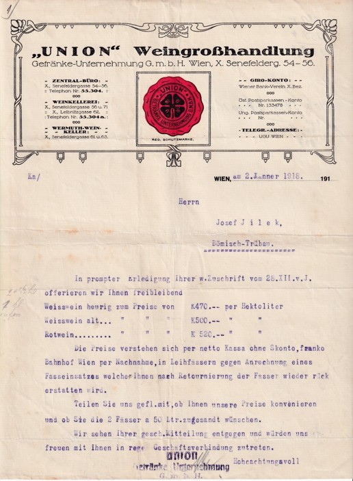 Účet vína Union Vídeň, J. Jílek Č. Třebová 1918