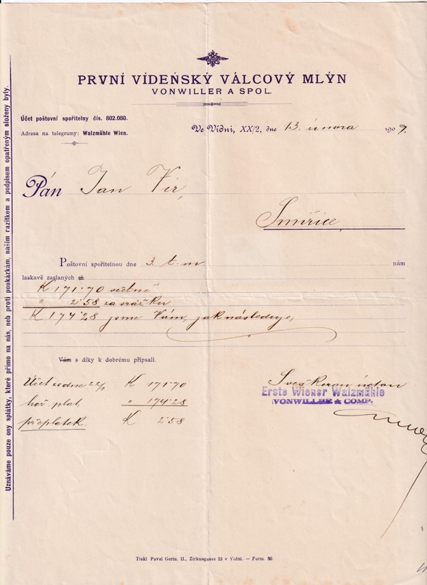 Účet válcový mlýn Vonwiller Vídeň, Smiřice 1909