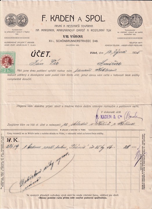 Účet margarín F. Kaden Vídeň, Vír Smiřice 1905