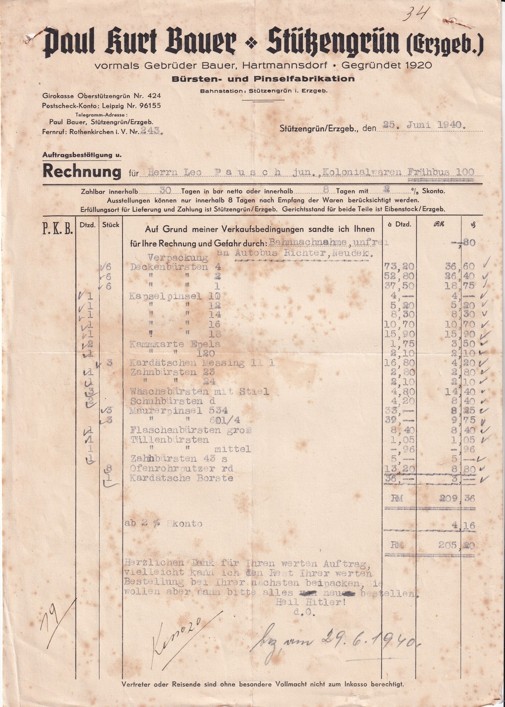 Účet štětce, kartáče Bauer Stützengrün 1940