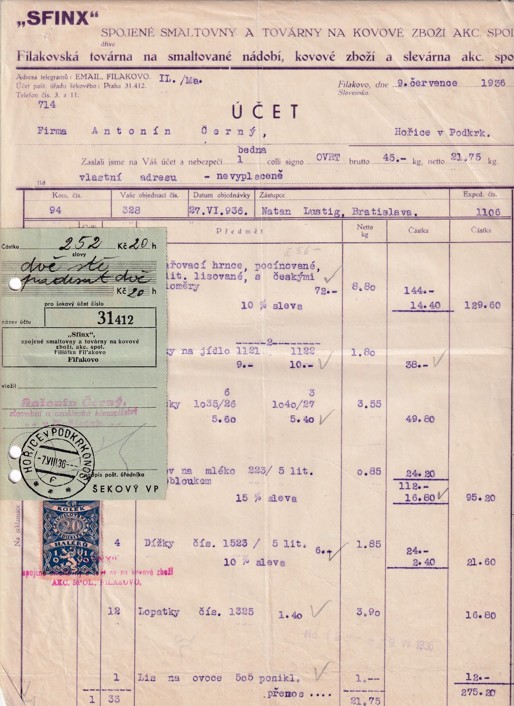 Účet smaltovny Sfinx Filakovo, Černý Hořice 1936