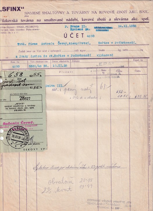 Účet smaltovny Sfinx Filakovo, Praha 1938