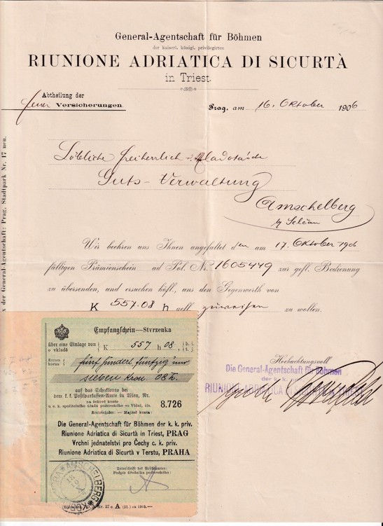 Účet agentura Riunione Adriatica.., Praha 1906