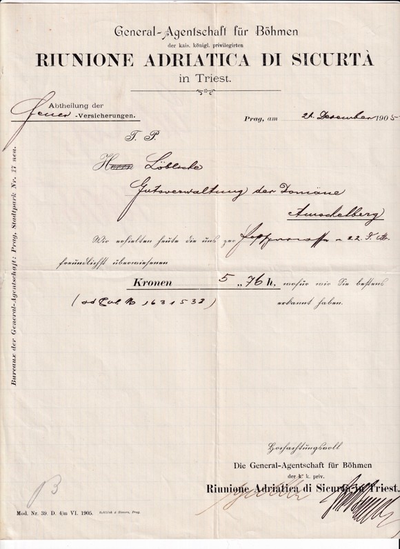 Účet agentura Riunione Adriatica.., Praha 1905