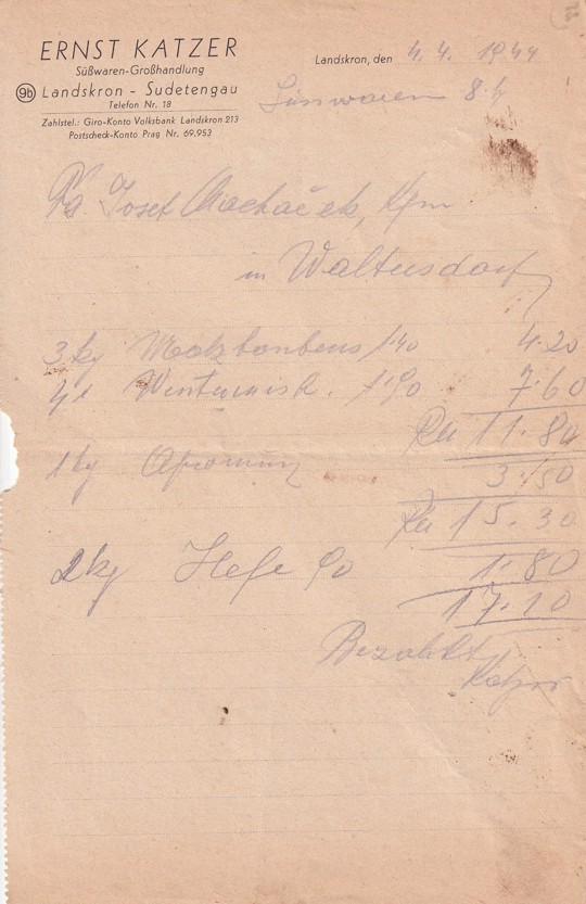 Účet papírnictví Ernst Katzer, Lanškroun 1944