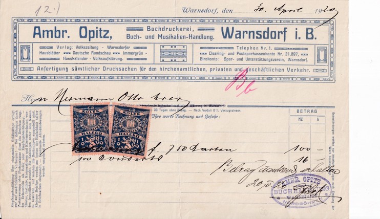 Účet tiskárna Ambr. Opitz, Varnsdorf 1920