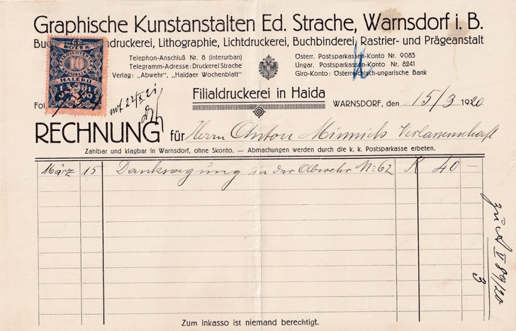 Účet grafik Ed. Strache, Varnsdorf 1920