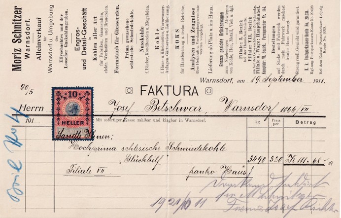 Účet koloniál Moriz Schnitzer, Varnsdorf 1911