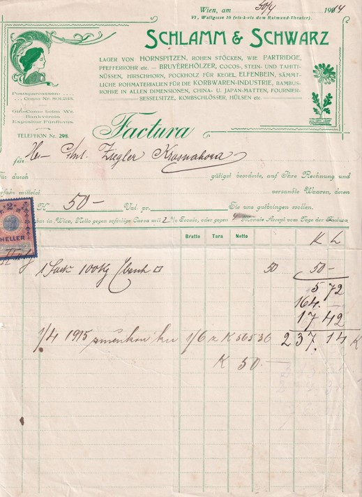Účet dekorace Schlamm a Schwarz, Vídeň 1914