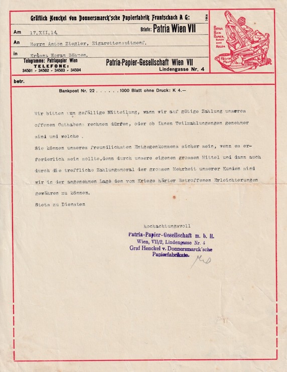 Účet papír Patria Vídeň, Ziegler Krásná Hora