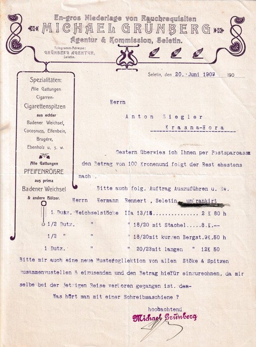 Účet koloniál M. Grünberg Seletin, Krásná Hora