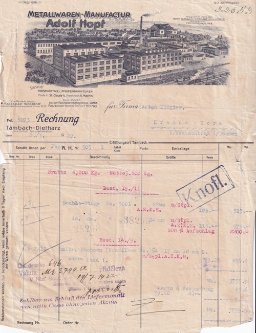 Účet železo Adolf Hopf Tambach, Krásná Hora