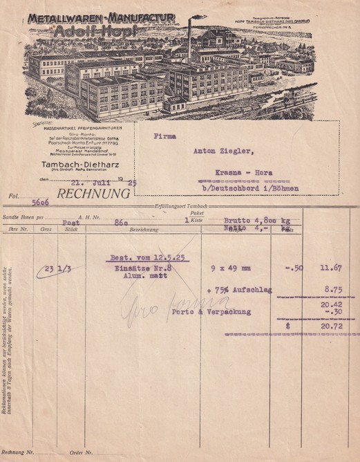 Účet železo Adolf Hopf Tambach, Krásná Hora