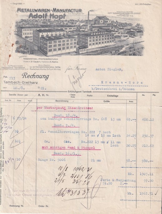 Účet železo Adolf Hopf Tambach, Krásná Hora
