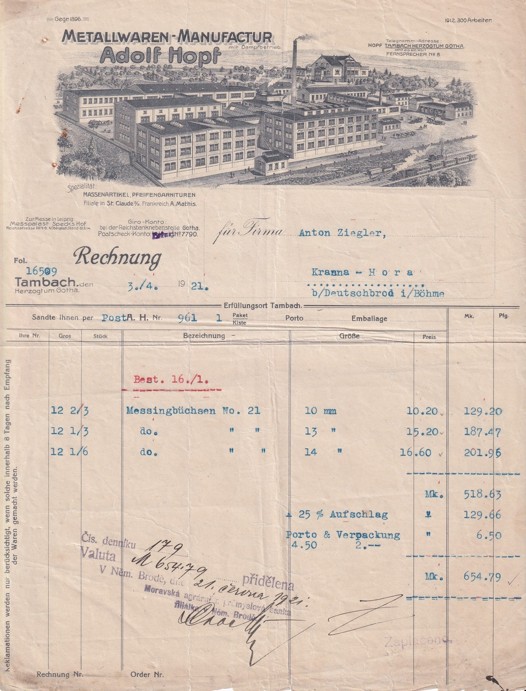 Účet železo Adolf Hopf Tambach, Krásná Hora