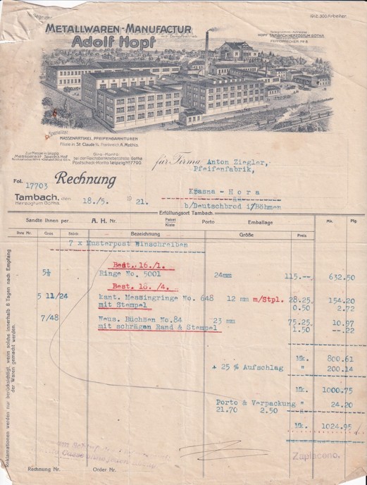 Účet železo Adolf Hopf Tambach, Krásná Hora