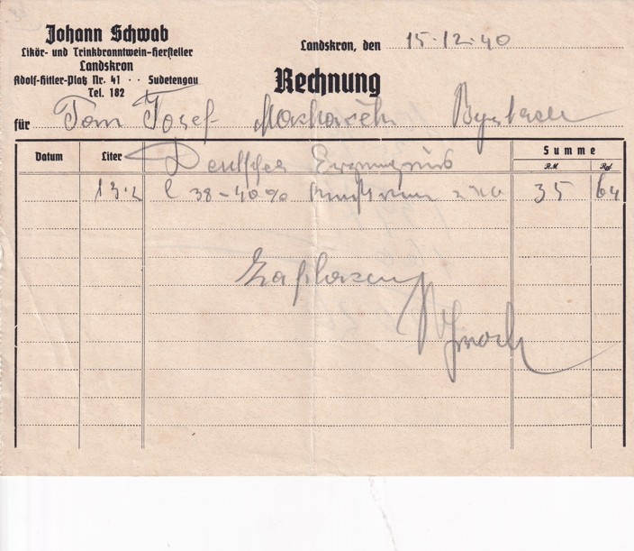 Účet nápoje Johann Schwab, Lanškroun 1940