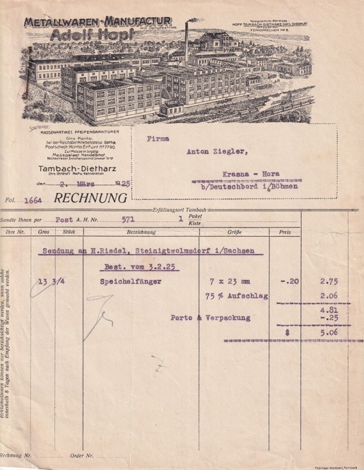 Účet železo Adolf Hopf Tambach, Krásná Hora