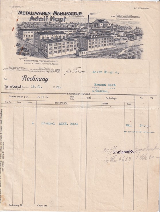 Účet železo Adolf Hopf Tambach, Krásná Hora
