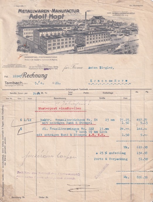 Účet železo Adolf Hopf Tambach, Krásná Hora