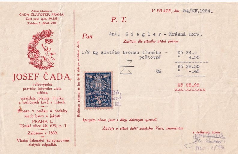 Účet zlatnictví Josef Čada, Praha 1924