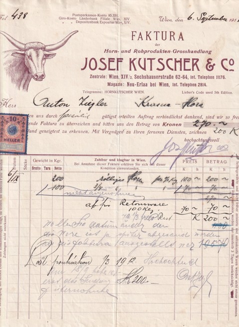 Účet výrobky z rohů J. Kutscher, Vídeň 1911
