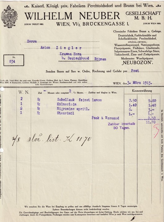 Účet chemická továrna W. Neuber, Vídeň 1913