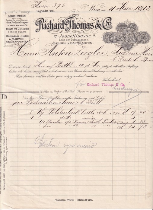 Účet stavebniny R. Thomas, Vídeň 1912
