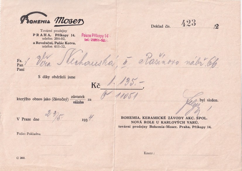 Účet keramika Bohemia Moser, Praha 1934