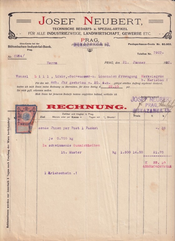 Účet součástky, přístroje Josef Neubert Praha