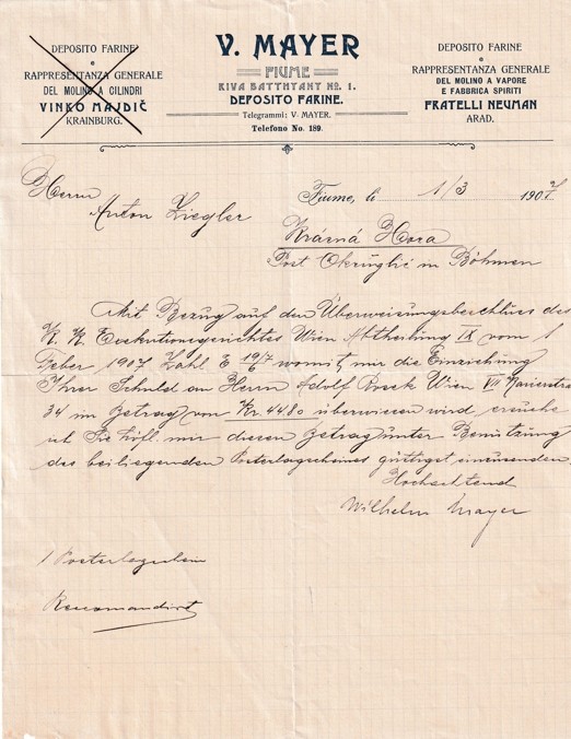 Účet mouka V. Mayer Fiume, Krásná Hora 1907