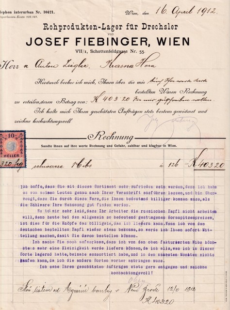 Účet výrobky z rohů J. Fiebinger, Vídeň 1912