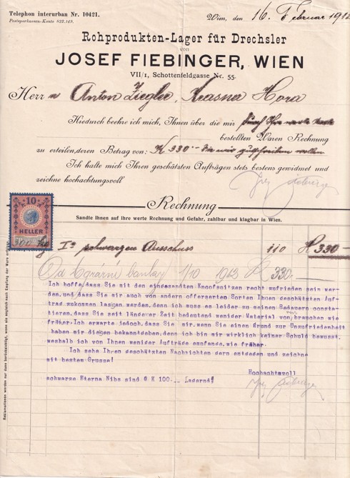 Účet výrobky z rohů J. Fiebinger, Vídeň 1912