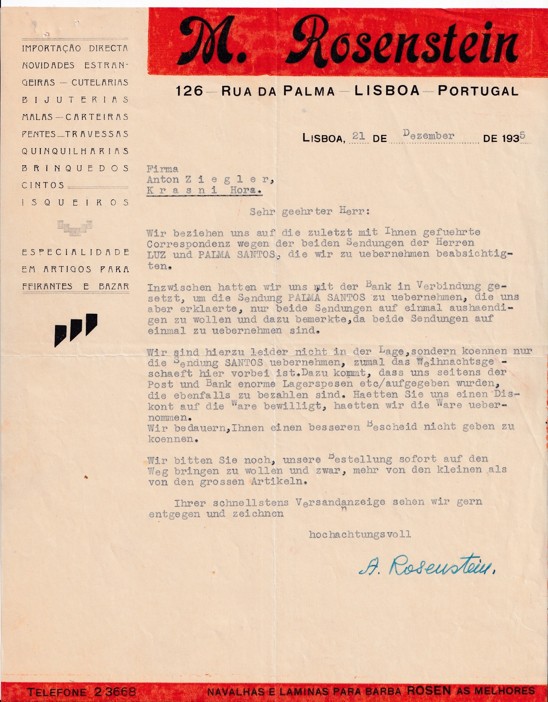 Účet koloniál M. Rosenstein, Lisabon 1935