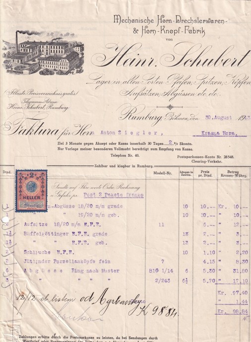 Účet výrobky z rohů H. Schubert, Rumburk 1913