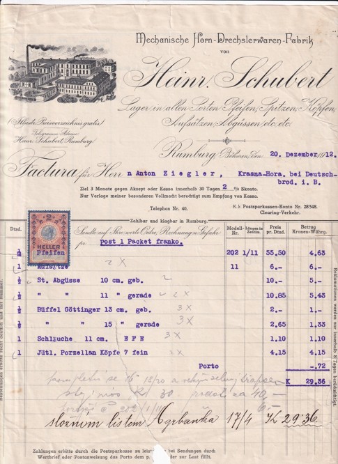 Účet výrobky z rohů H. Schubert, Rumburk 1912