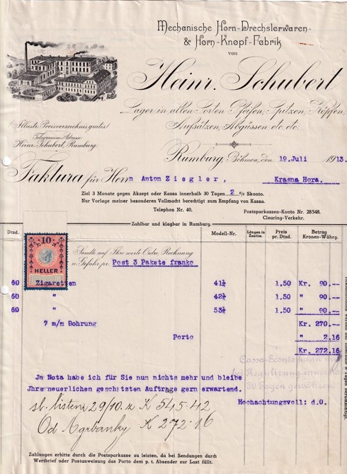 Účet výrobky z rohů H. Schubert, Rumburk 1913