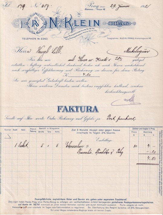 Účet N. Klein Praha 1912