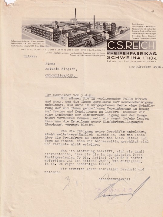 Účet potrubí C. S. Reich, Schweina 1936