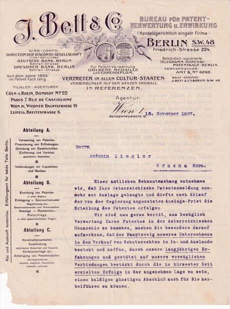 Účet patenty J. Bett Berlín, Ziegler Krásná Hora