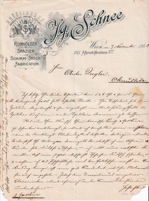 Účet výrobky z rohů Schnee, Vídeň 1908