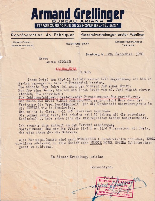 Účet Armand Grellinger Štrasburk, Krásná Hora