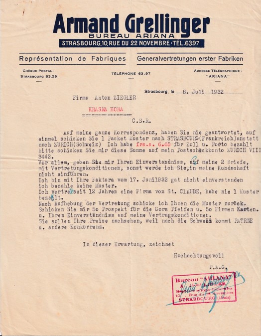 Účet Armand Grellinger Štrasburk, Krásná Hora