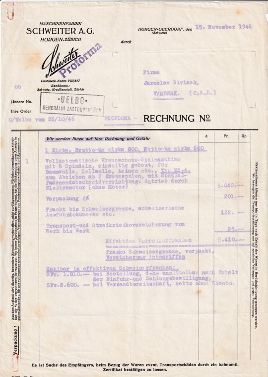 Účet stroje Schweiter Horgen, Vamberk