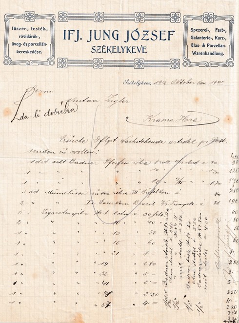Účet koloniál J. Jung Székelykeve, Krásná Hora